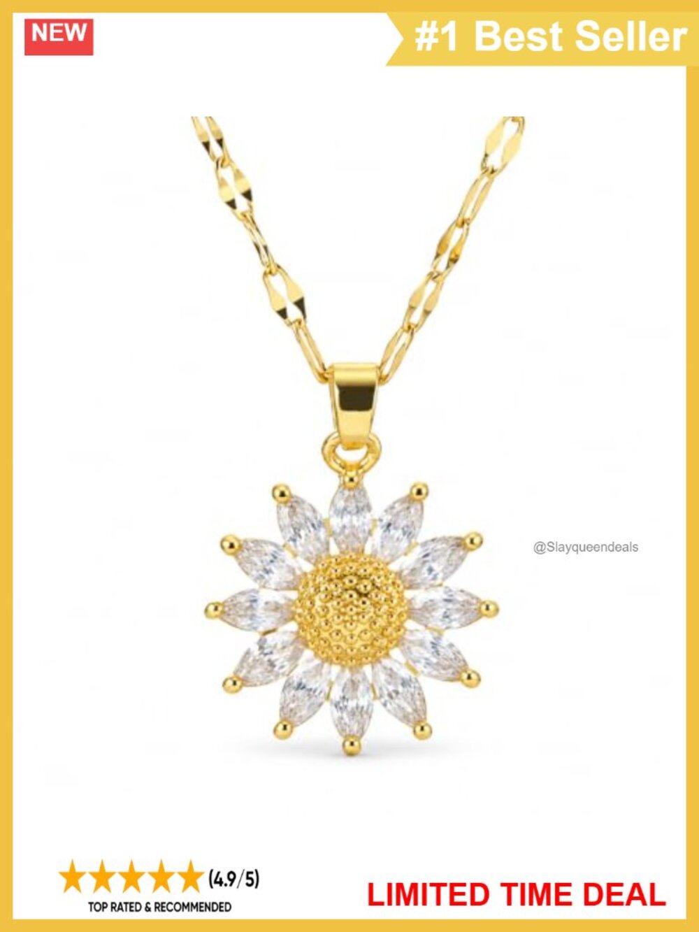 18K Gold Plated Sunflower Pendant Necklace Stainless Steel CZ